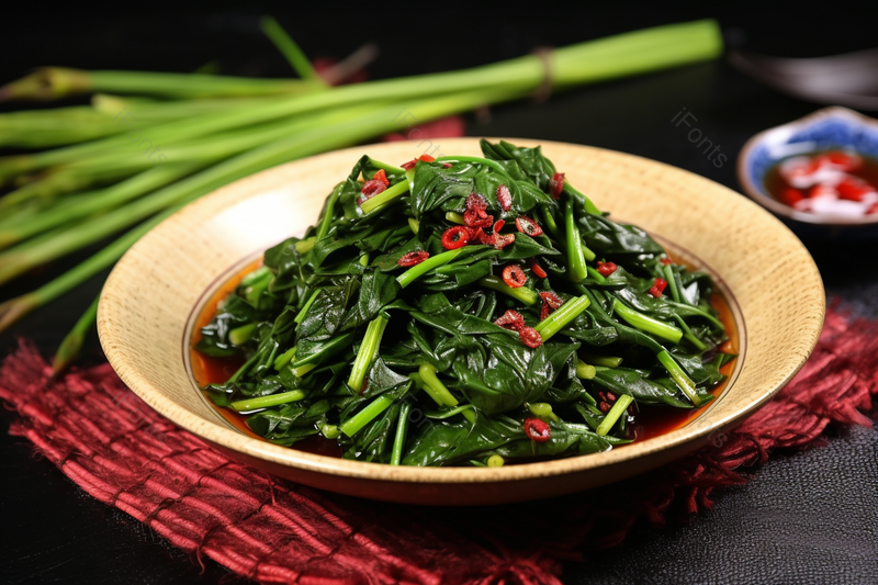 红色小米辣装饰的清炒红米苋开胃小菜,高清,摄影图,摄影图片,图片大全,摄影图免费下载